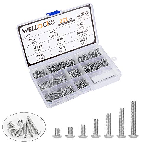 WELLOCKS Socket Cap Screw 251 PCS M4 Metric Bolts and Nuts Assortment Kit with Hex Wrench Button Head Stainless Steel 304 with Storage Box for Shelf Chair Desk Install Repair(D152)