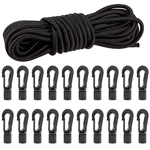 1/4' Elastic Bungee Cord Kayak Stretch String Shock Cords Rope with Bungee Shock Cord Hooks for Kayak Boat Camping Accessories Indoor&Outdoor Activities (20 Hook & 52.50 Ft Cord)