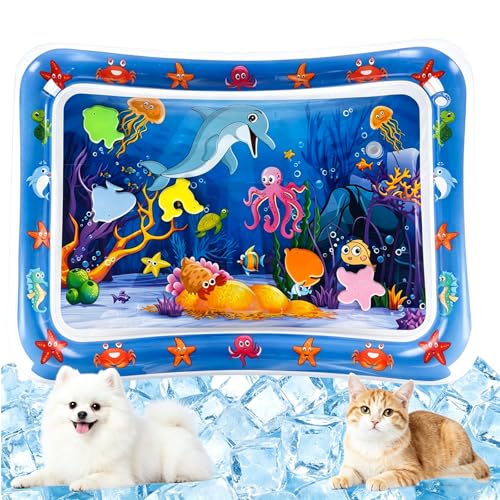 2026 Upgraded Thickened Cat Water Sensory Play Mat Anti-Scratch Leak Proof Cooling Pad with Floating Fish Toy Interactive Hunting Exercise Mat for Indoor Cats Portable Summer Pet Cooling Play Mat