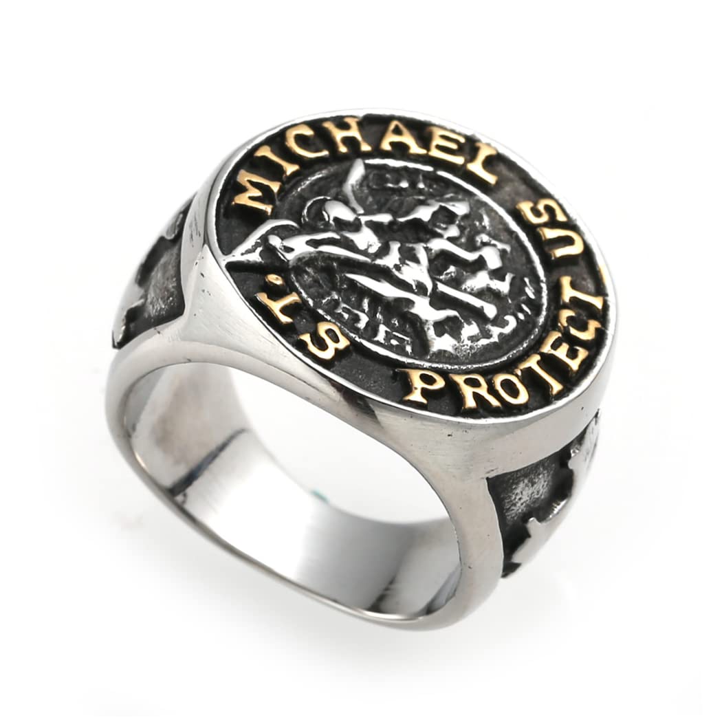 St Michael Sygnet, MęSki Gotycki PierśCionek Ze Stali Nierdzewnej W Stylu Vintage Archanioł Patronus,Silver,14