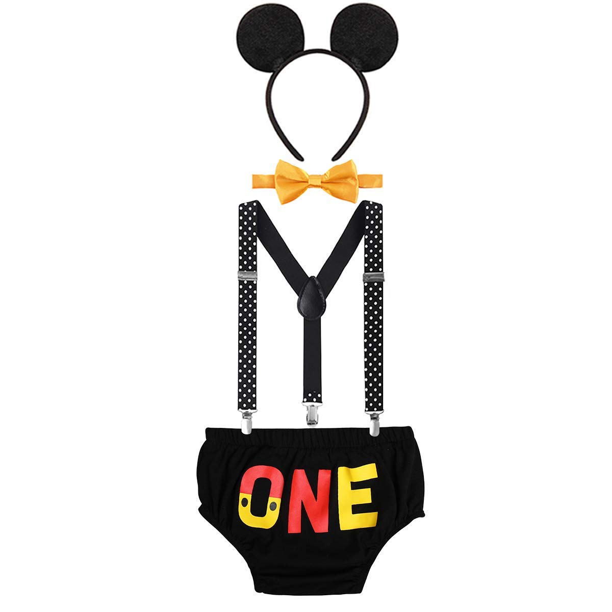 Newborn Baby Boys 1st 2nd Birthday Cake Smash Outfits Christmas Photo Prop Costume Adjustable Y Back Suspenders Bowtie Bloomers Short Pants 3D Mouse Headband Gentleman Formal Suit 03# Black 6-12M