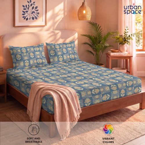 Image of Urban Space 144 TC Divine 100% Cotton Fitted Bedsheet for Double Bed with 2 Pillow Covers, Queen Bedsheet (Size 60 x 72 inches, Adaa Blue, Double Fitted)