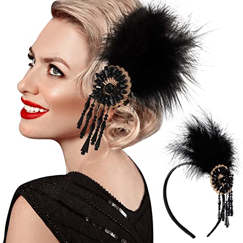 Dilunave Accessoires de Costumes des Années 20 Bandeau Plumes Vintage Serre-Tête Plumes Bandeau Fascinator Serre-Tête Fascinateur Bandeau Flapper avec Cristal pour Femme Fête Art Décoration, Noir