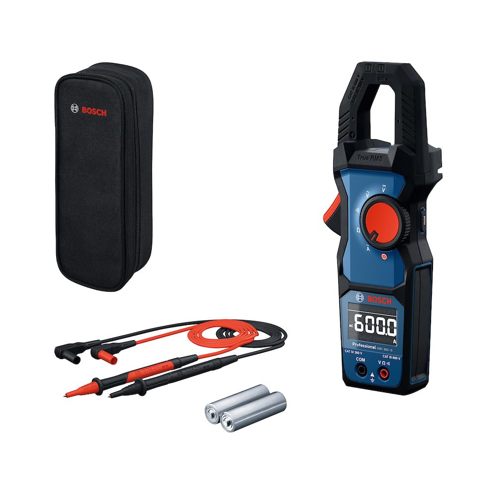 Bosch Professional Blue Clamp Meter Gmc 600-15 (True Rms Clamp Meter, Ac Current Up To 600 A, Voltage Up To 600 V Ac/Dc, 2 X 1,5 V Lr06 (Aa), Measuring Strips Ms 90, Pouch)