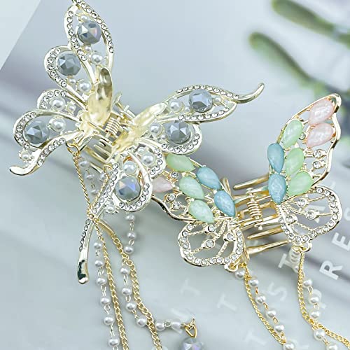 2 Pcs Gold Butterfly Tassel Rhinestone Pearl Crystal Metal Sparkling Exquisite Hair Styling Accessories for Women Girls - Image 3