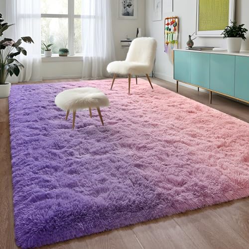 Image of DweIke Luxury Fluffy Kids Rugs for Living Room Bedroom, 6x9 Large Shaggy Pink and Purple Area Rug for Girls Boys, Upgrade Plush Non-Slip and Washable Colorful Fuzzy Carpet for Dorm Nursery Decor