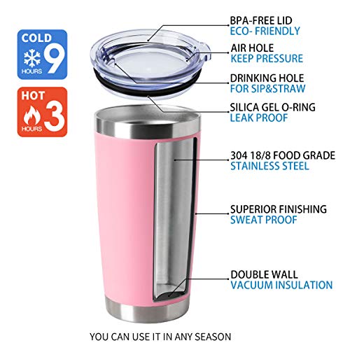 HASLE OUTFITTERS 20oz Tumblers Stainless Steel Mugs with Lid Double Wall Vacuum Insulated Coffee Cups for Cold & Hot Drinks 1 Pack Pink - Thumbnail 6