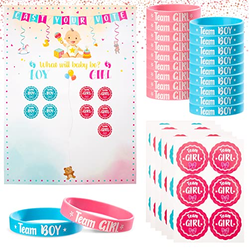 Kit de voto de revelação de gênero 57 peças revelação sexo bebé inclui autocolantes de gênero 36 peças pulseiras revelação de gênero 20 peças póster 1 peça para festa de Baby Shower