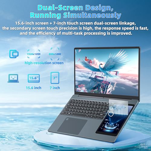 Image of Dual Screen Laptop 15.6 inch LCD Screen + 7 inch Touch Screen Computer 16GB RAM 1TB SSD in tel N100 (up to 3.4GHz) /Student & Business Portable PC with Color Backlight KB,TypeC,Win11 Pro (16G+1TB)