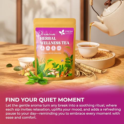 Image of FreshDrinkUS, Premium Herbal Wellness Tea Bags | 75 Count | Blend of Sencha, Ginger, Fennel, Dandelion, Tulsi, Turmeric, Peppermint, Lavender, Lemongrass & Stevia - Herbal Tea. Vegan