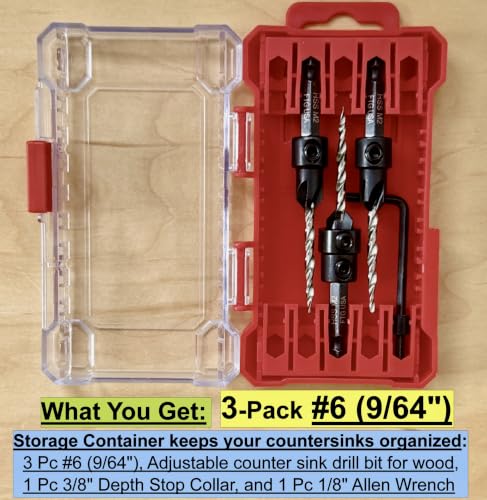 Image of FTG USA 3-Pk #6 (9 /64 inch) Countersink Drill Bit Set, 1 Stop, 1 Wrench & Case