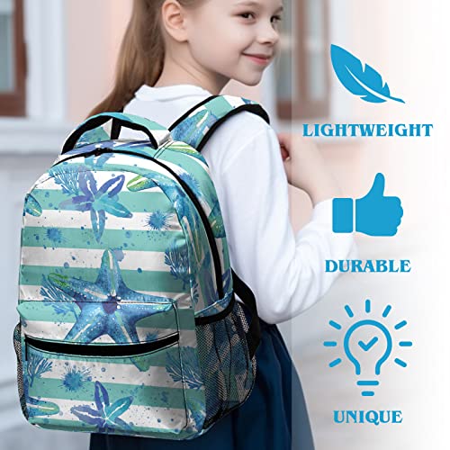 Dacawin Kids School Backpack Blue Starfish Striped Bookbag Ocean Theme School Back Pack Lightweight Travel Backpacks For Students Teens Girls Boys #TOP6