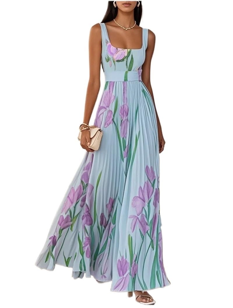 Generale Vestito Lungo Fluido in Chiffon Floreale Senza Maniche, Vita Impero, Abito da Sera Formale Elegante Donna ospite Nozze