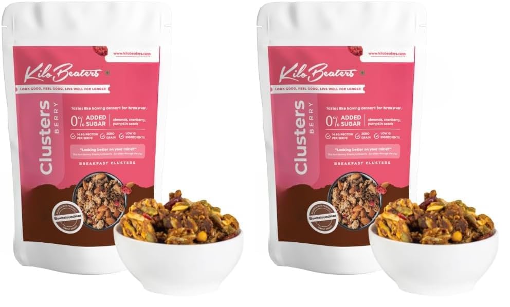 Kilobeaters Clusters Muesli 200gm (Berry, Pack of 2)| 14.6g Protein Per Serve | Low Carb Breakfast Cereal for Nutrition | With Whey isolate, Nuts & Seeds | 0% Added Sugar| Healthy Breakfast for Adults-image-17