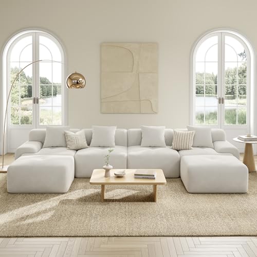 Image of LIKIMIO LumiCord 153.5 inch Tufted Modular Sectional Sofa, Modern U-Shaped Boneless Couch for Living Room, 26.8 inch Deep Seat, 18.1 inch High Seating, 15 inch Wide Armrest, Corduroy, Oatmeal Beige
