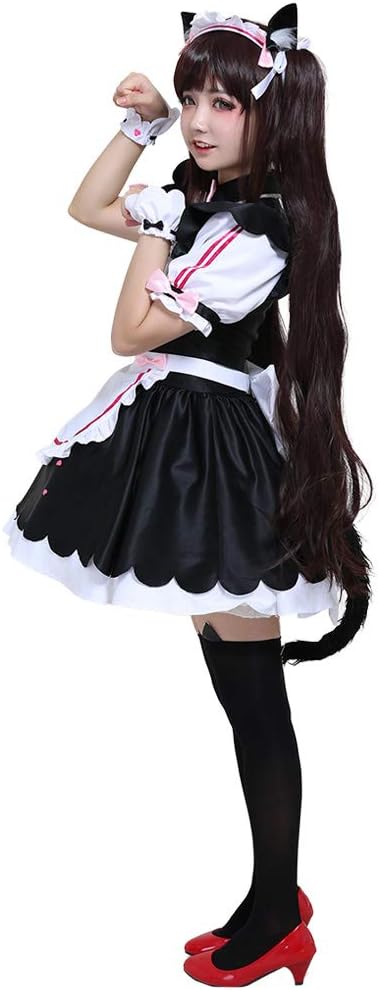 Cosplay.fm Women‘s Chocolate Cosplay Costume Maid Dress with Apron Petticoat Cat Ears Tail