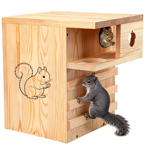Large Squirrel House for Outside with Predator Guard Squirrel Nesting Box with Exterior Porch Easy Assemble Wooden Squirrel Boxes Suitable for Gray Squirrels Fox Squirrels Red and Chipmunks