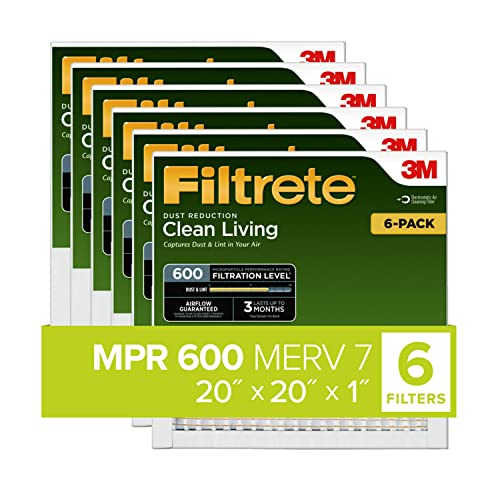 Filtrete 20x20x1, AC Furnace Air Filter, MPR 600, Clean Living Dust Reduction, 6-Pack (exact dimensions 19.69 x 19.69 x 0.81)