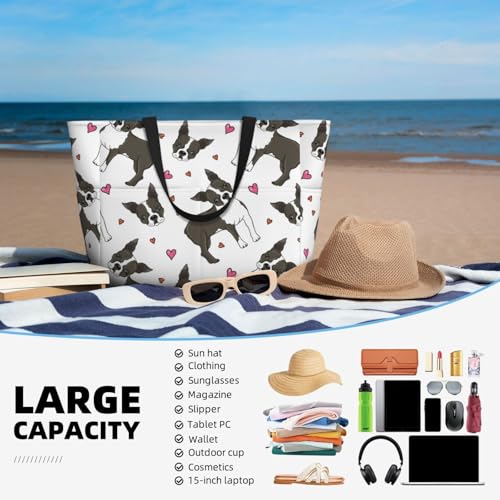 Waterproof Sandproof Beach Bag Cute Boston Terrier Dog Hearts Swim Large Tote Pool Bag For Women With Zipper4