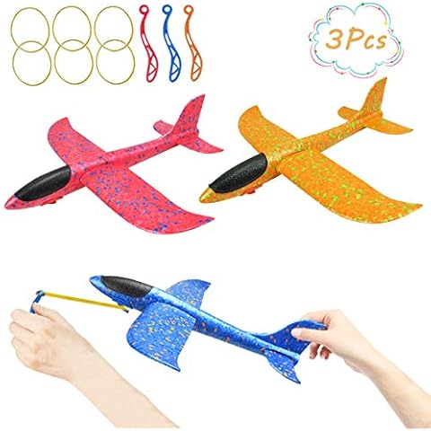 DC-BEAUTIFUL 3 Pack Upgrade 13.6" Airplane Toys, Throwing Plane 2 Flight Modes, Throwing Foam Airplanes with Rubber String Launch, Outdoor Sport Toy Party Favor Birthday Gift for Kids Cover