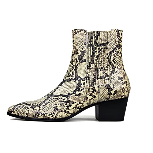 OSSTONE Men Chelsea Ankle Boots Leather Snake Print Chukka Boots Calfskin Casual Heel Retro Dress Boots JY056-US-R2