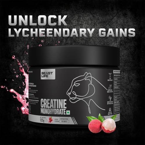 Image of BeastLife Micronised Creatine Monohydrate with Free Shaker | 125g | 33 Servings | Litchi | NABL Lab Tested | Rapid Absorption for Muscle Strength & Athletic Performance | Super Micronised Creatine Powder