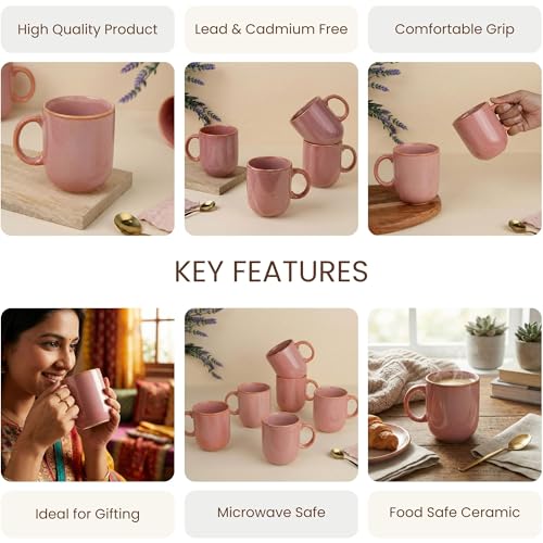 Image of The Earth Store Pink Cylus Coffee Mug - 320ML Ceramic Coffee Mugs Set of 2 | Microwave & Dishwasher Safe Mugs for Gift | Home | Office | Restaurant | Daily Use Tea Mug