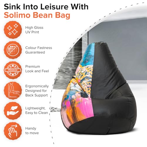 Image of Amazon Brand - Solimo Premium Faux Leather Bean Bag Combo with Footrest & Cushion, Filled with Beans | Capacity: Upto 6 Ft 3 in Height, 120 KG Weight | 4XL | Cheetah's Gaze | Black