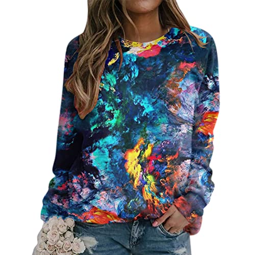 Sweatshirt femme bleu imprimé dégradé col rond pull ample coupe longue confortable