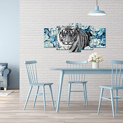Welmeco Black And White Tiger With Blue Eyes Painting Prints Wildlife Animal Tiger In White Flowers Picture Artwork Gallery Wrapped On Wood Frame Ready To Hang For Home Living Room Bedroom (L-50Xh-24) #TOP1