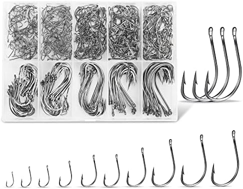 Carbon Steel Fishing Hooks 500 Pcs, Circle Hooks Assortment for Saltwater Freshwater Ice Fishing, Salt Water Fish Hooks for Catfish Trout Bass Octopus Multi Size 6 8 10 12 14 16 18 20 22 24