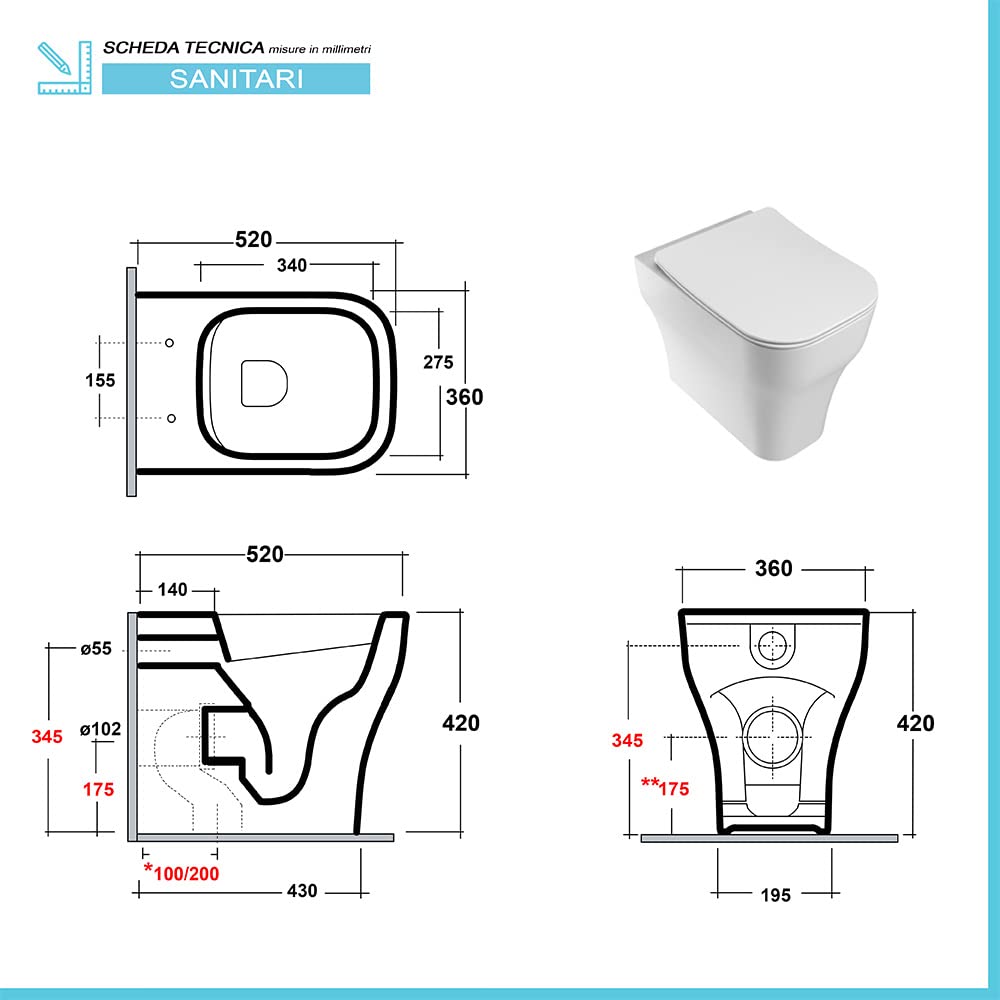 Inbagno Sanitari Filo Muro con Scarico traslato Rimless, in Ceramica Bianca Lucida Serie Synthesis, Incluso Copri WC rallentato con sgancio rapido