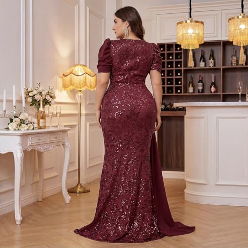 Image of Elegant Women's Formal Dress Wedding Guest Puff Sleeve Mermaid Ball Gowns Court Train Plus Size Sequin Long Dresses