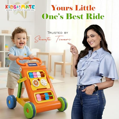 Image of Kidsmate Baby Activity Walker with Toy Bar | Foldable Push Walker for Babies 6-18 Months | Interactive Learning Walker with Shape & Spin Games | Supports Early Steps, Learning & Playtime Fun - Orange