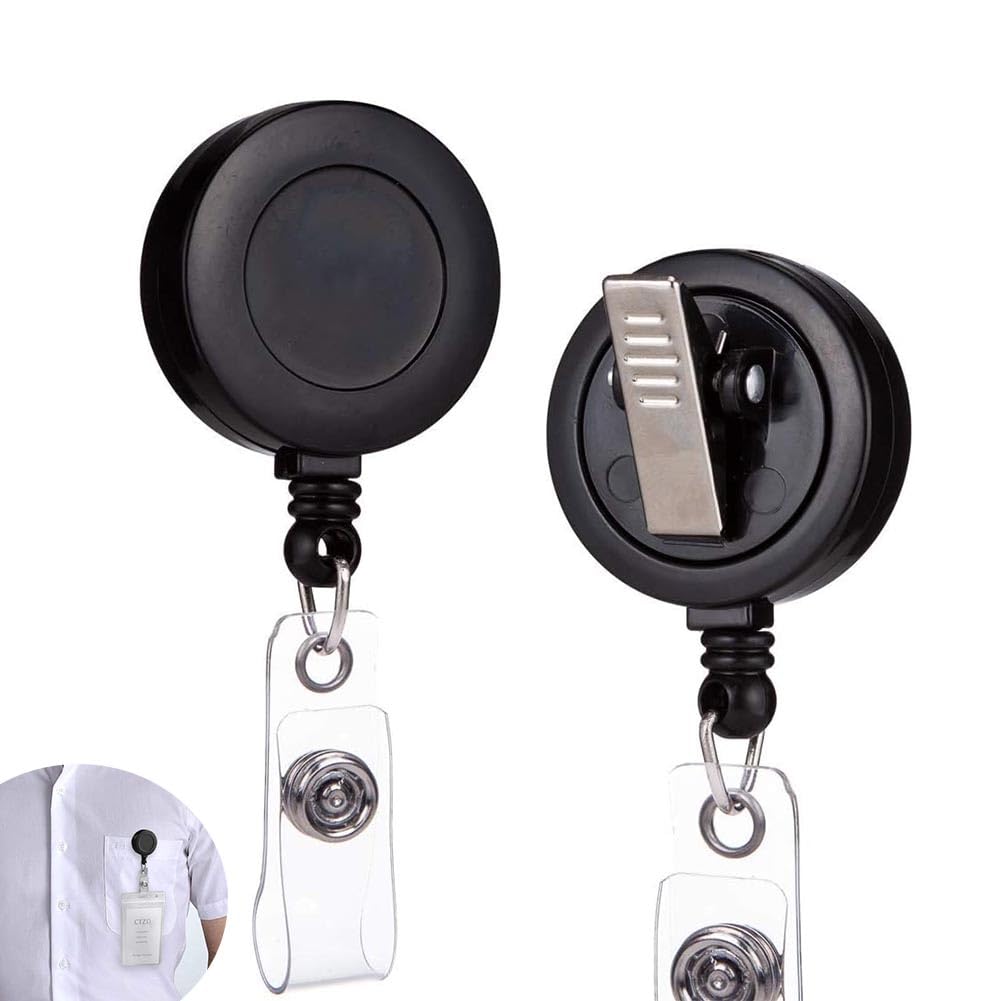 X spring Retractable Badge Holder, 2 Pack Id Badge Holders with Swivel Clip, Retractable Keychain Holder with 60 Cm Steel Retractable Cord for Business Card Key Chain ID Card Badge Holder (Black)