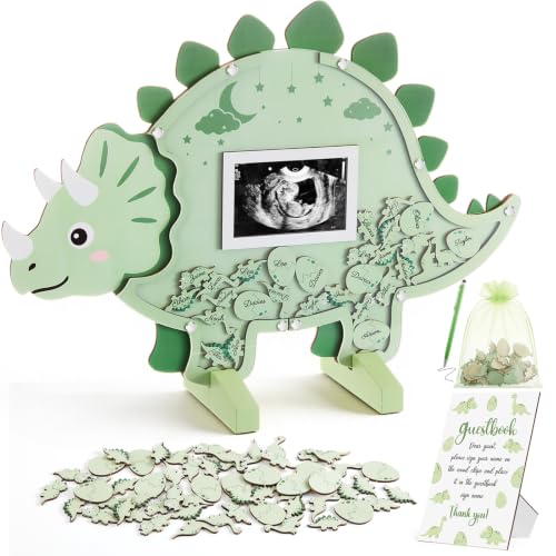 Image of Kosiz Dinosaur Baby Shower Guest Book, Green Triceratops Acrylic Guest Book Alternative with Wooden Dinosaur and Eggs for 60 Guests, Baby Shower Sign and Nursery Keepsake
