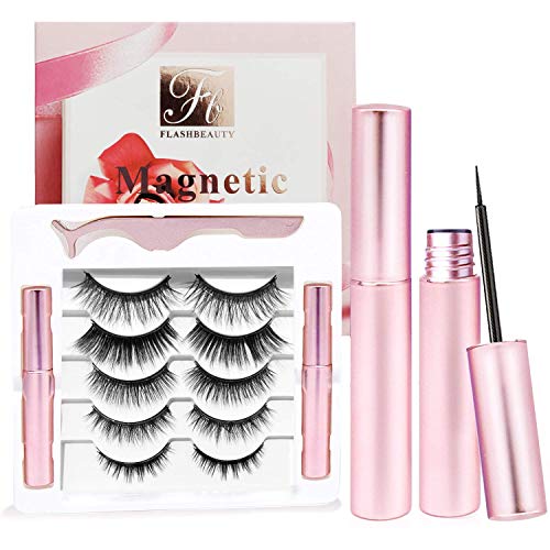 Magnetic Eyelashes with Eyeliner 5 Pairs Reusable Fake Eyelashes No Glue 2 Only Magnetic Eyeliner 3D eyelash sets (Girl Pink)