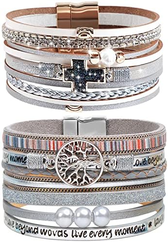 LightOnIt Confirmation Gifts for Teenage Girl, Inspirational Gifts Leather Wrap Bracelets for Women, Boho Cuff Bangle Bracelet with Cross Bohemian Jewelry for Teen Girls Womens