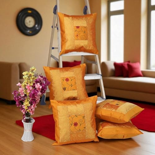 Image of Living Room Sofa Decor Flower Embroidered Silk Cushion Covers Scatter Cushion 16 X 16 Inches Set of 5 Pillowcase sham (Orange)