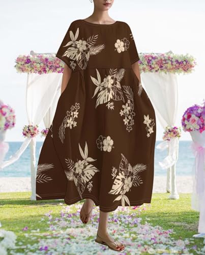 Plus Size Dress for Women Flowy Midi Dress Boho Floral Linen Short Sleeve T Shirt Dresses with Pockets Trendy Summer2