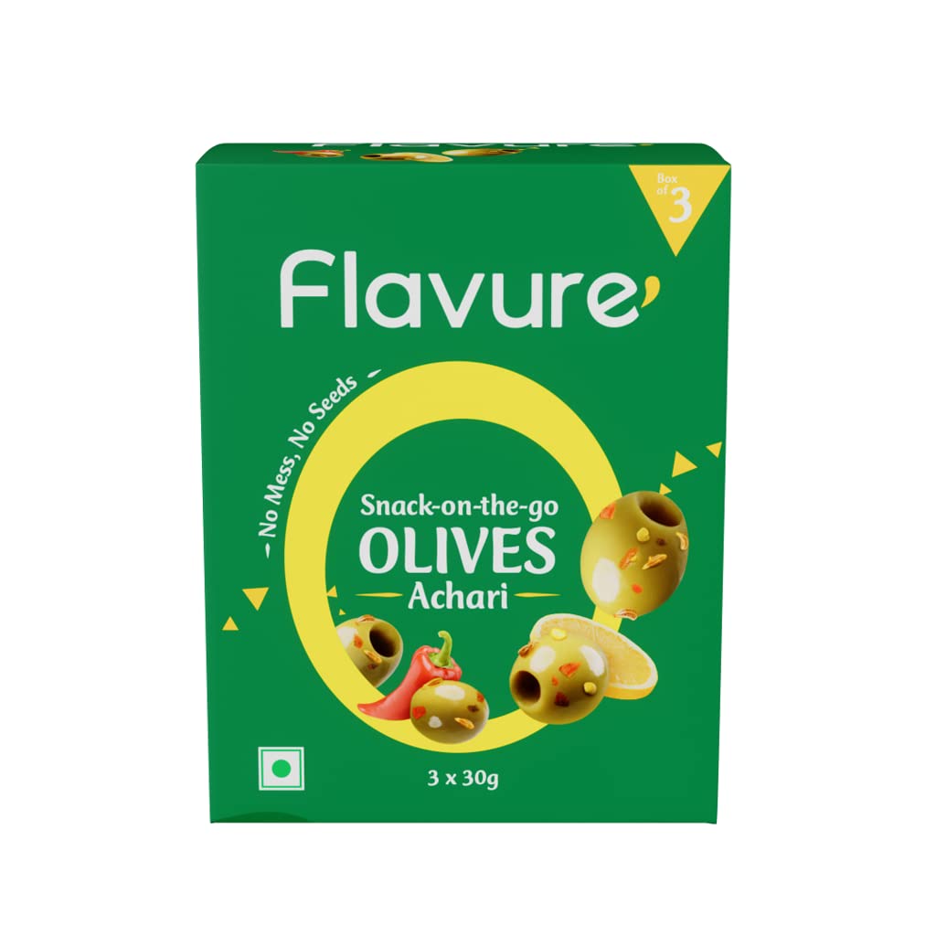 Flavure Snack-On-The-Go Pitted Olives Achari - Box of 3 Pouches (30G Each)