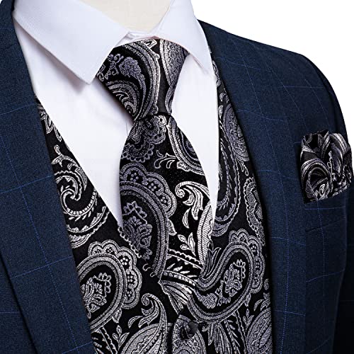 Image of DiBanGu Mens Paisley Vest Silk Sleeveless Suit Vest and Neck Tie Pocket Square Cufflinks Set for Wedding Formal