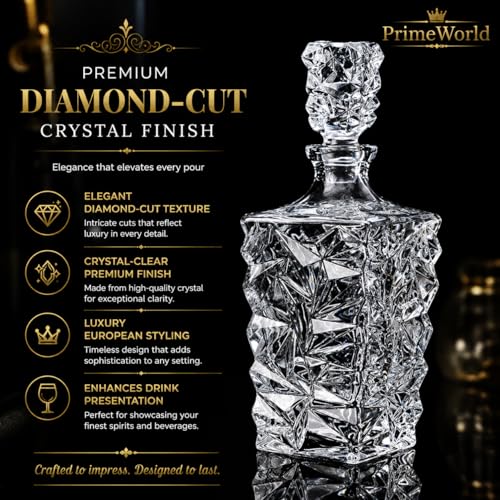 Image of PrimeWorld European Diamond Crystal Clear Glass Decanter 1 Pcs - Perfect For Whiskey, Scotch, Wine, Vodka, Tequila, Rum Etc (850 milliliter)