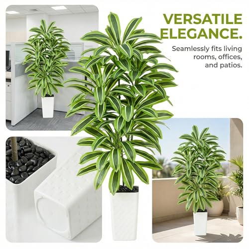 Image of Artificial Yellow Dracaena Tree Indoor, 5FT Tall Fake Floor Plants with White Planter & Pebbles, Faux Silk Yucca Tree for Home Office Living Room Bedroom Farmhouse Modern Outdoor Topiary Tree