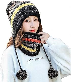 Women Knitted Hat Scarf Set Winter Warm Thicken Crochet Bobble Pom Pom Beanie Hat Cap Outdoor Ski Snowboard Cycle Bobble Hemming Hats with Fleece Lining