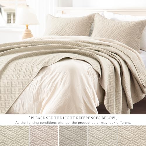 EXQ Home Quilt Set Full/Queen Size Beige 3 Piece,Lightweight Soft Coverlet Modern Style Squares Pattern Bedspread Set for All Season(1 Quilt,2 Pillow Shams)