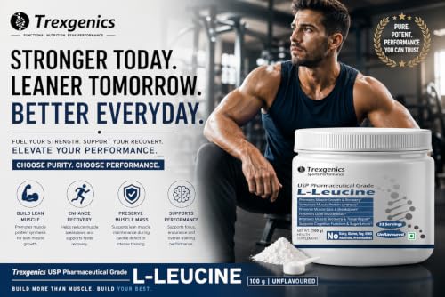 Image of Trexgenics L-LEUCINE PHARMACEUTICAL USP grade 33 Servings, Unflavoured Pure Powder Recovery, Muscle Preservation, Muscle Growth (100 gram)