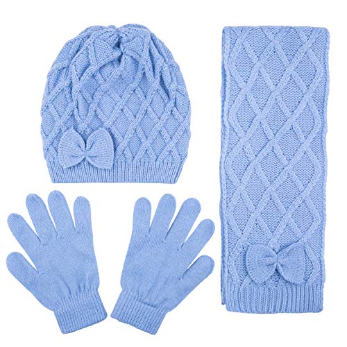 Kids Criss Cross Knit Winter Hat with Bow, Scarf and Glove Set for Girls
