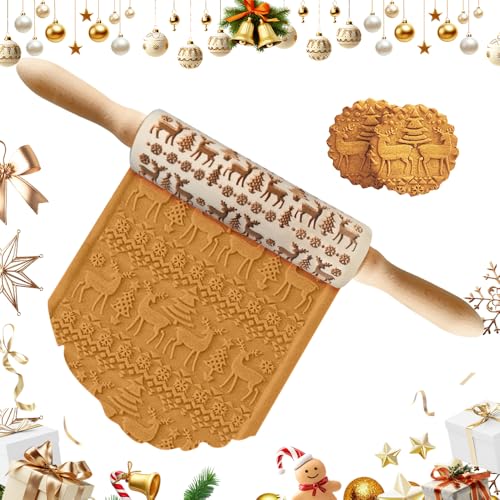 mizikuu Weihnachten Geprägt Teigroller, Muster Prägerolle Holz Weihnachten Präge Nudelholz 3D mit weihnachtlichen Hirsch-Muster Geschenkidee die Küche Für...