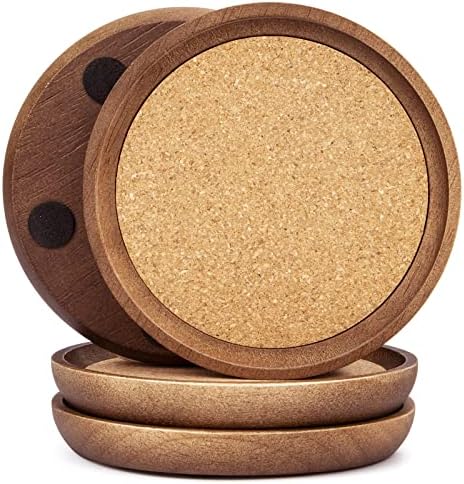 Wooden Drink Coasters,4 Cup Coasters for Drinks Absorbent Cork Coasters Set,Large Natural Wood Stackable Reusable Coasters for Home Office Coffee Bar Table,Rustic Gifts for New Home Friends (4 Pack)